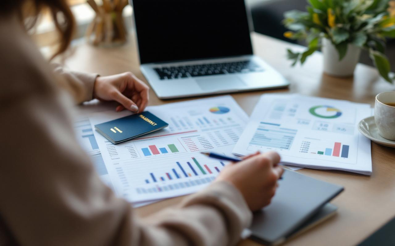 Une fondatrice de startup prépare un budget de déplacements internationaux sur un bureau, avec un passeport, un ordinateur portable et des documents financiers, sous une lumière naturelle chaude.