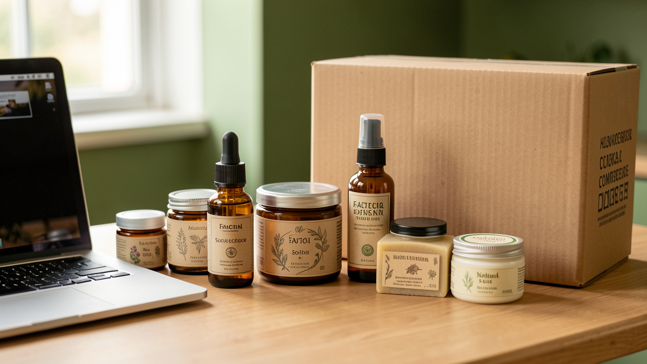 Collection de cosmétiques artisanaux disposée à côté d’un ordinateur portable et d’un colis, évoquant la vente en ligne.