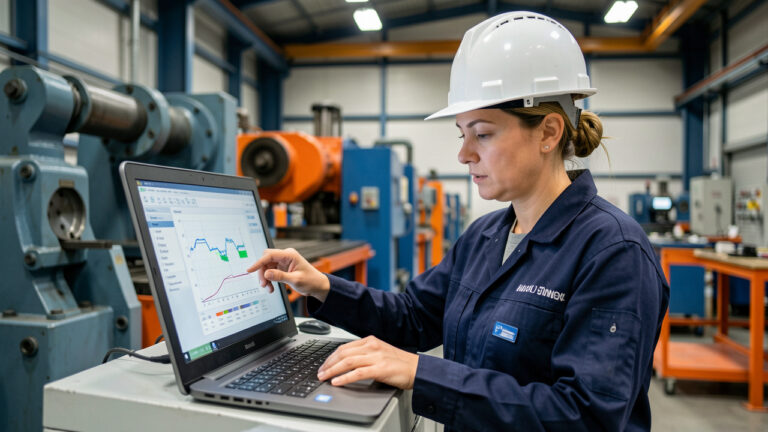 Une responsable de maintenance ajuste une interface industrielle existante sur un ordinateur portable dans une usine, sans modifier sa structure générale.