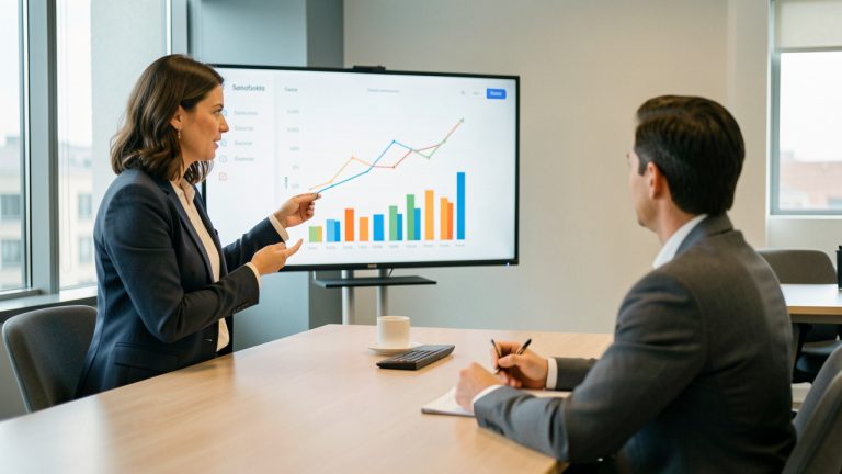 Une entrepreneuse présente des indicateurs marketing visuels à un conseiller bancaire lors d’une réunion professionnelle.