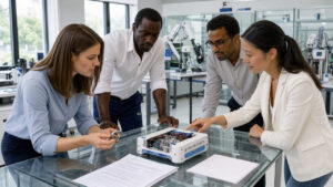 Équipe mixte d’ingénieurs réunie dans un laboratoire technologique lumineux, analysant un prototype et des documents financiers.