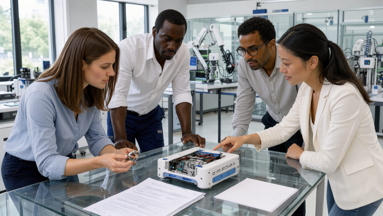 Équipe mixte d’ingénieurs réunie dans un laboratoire technologique lumineux, analysant un prototype et des documents financiers.